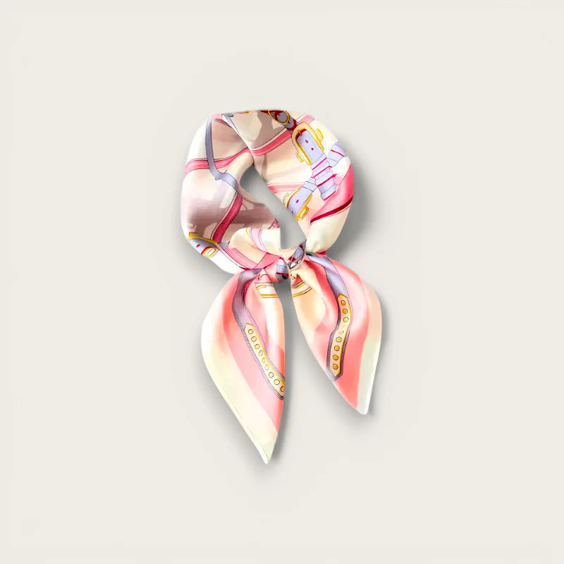 Satin hair scarf with pink cream silk and gold purple beige belt buckle pattern