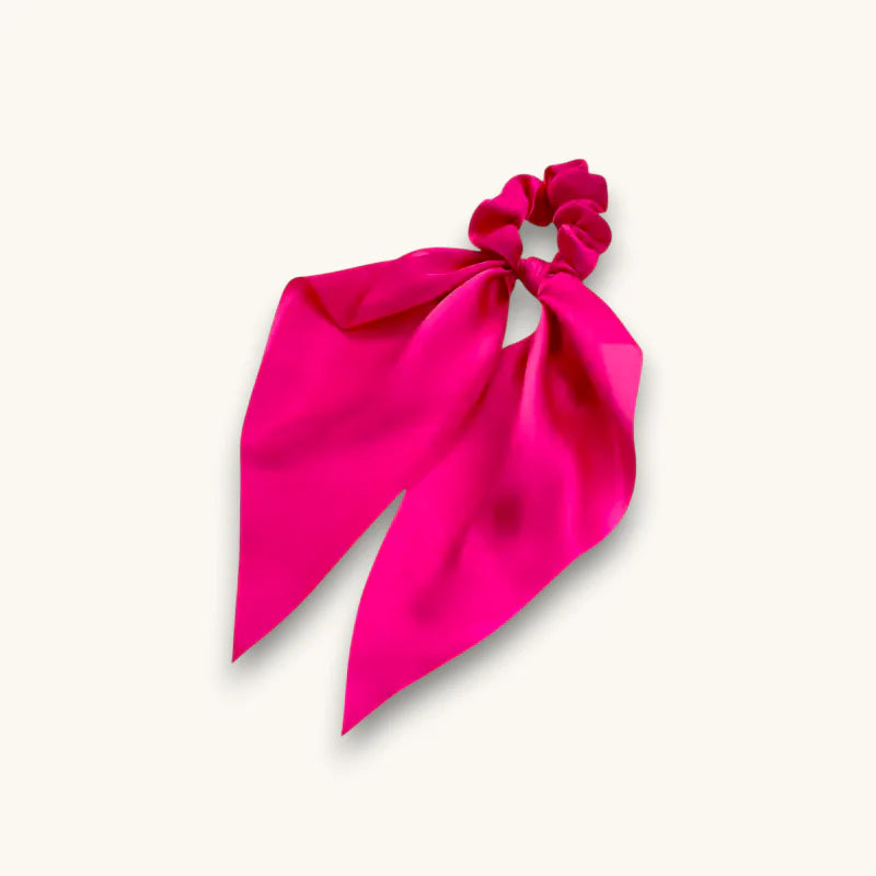 Vibrant fuchsia satin scrunchie with flowing bow, Satin Scarf Scrunchie