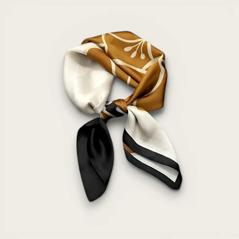 Luxurious caramel white silk Satin Square Scarf with botanical print black trim