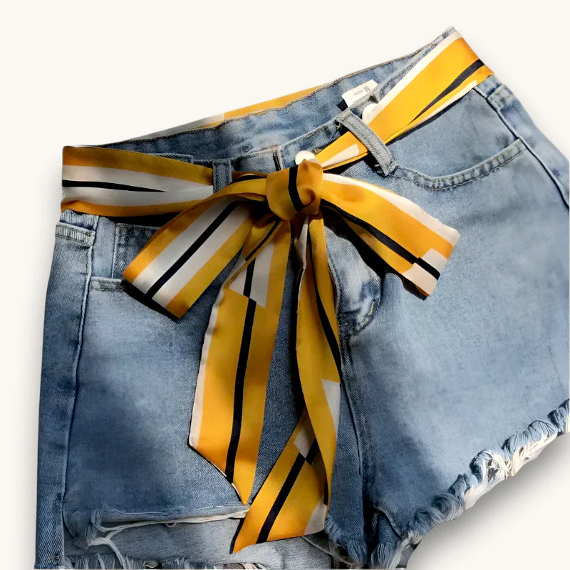 Vibrant yellow white black striped silk Scarf Belt Buckle on denim shorts