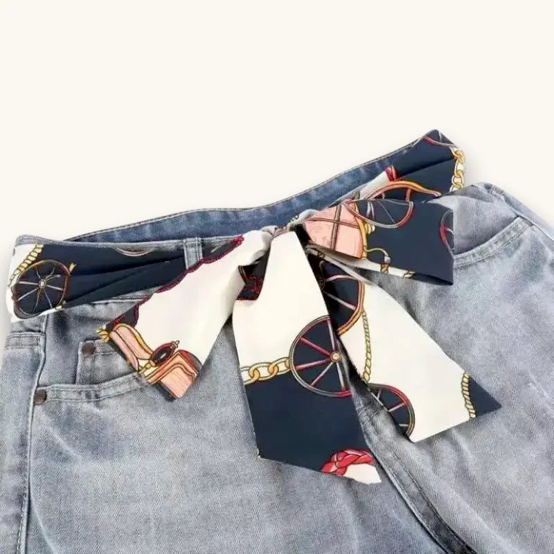 Scarf Belt Dress: navy white silk scarf bow on jeans with vintage carriage print