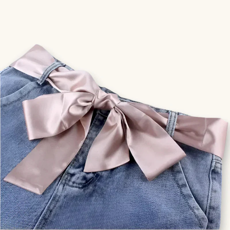 Soft blush satin bow belt tied on Scarf Belt for Jumpsuit blue denim jeans