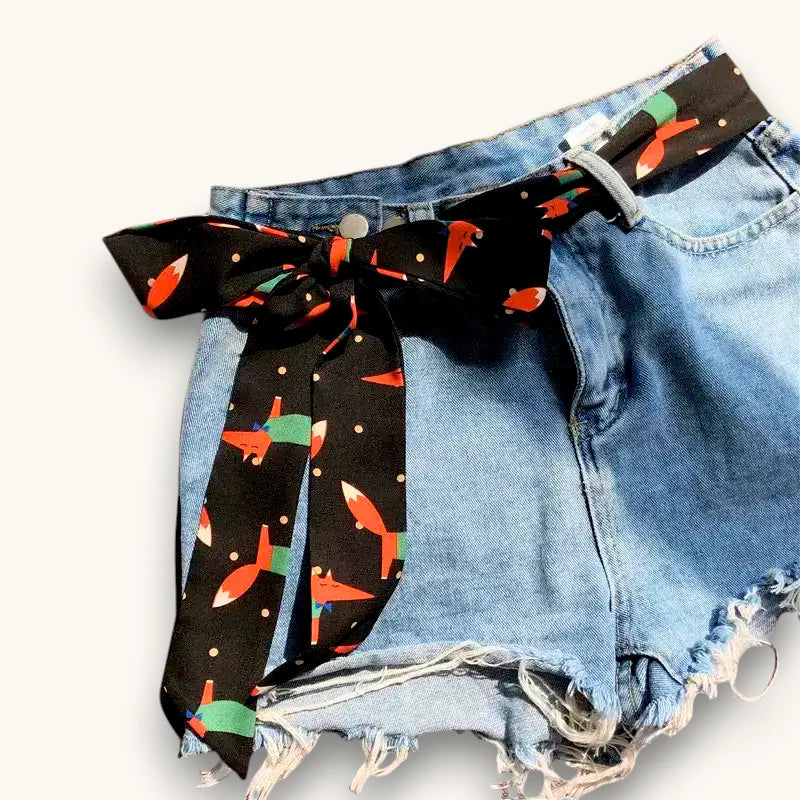 Scarf belt for women: black fabric with orange fox, green accents in bow