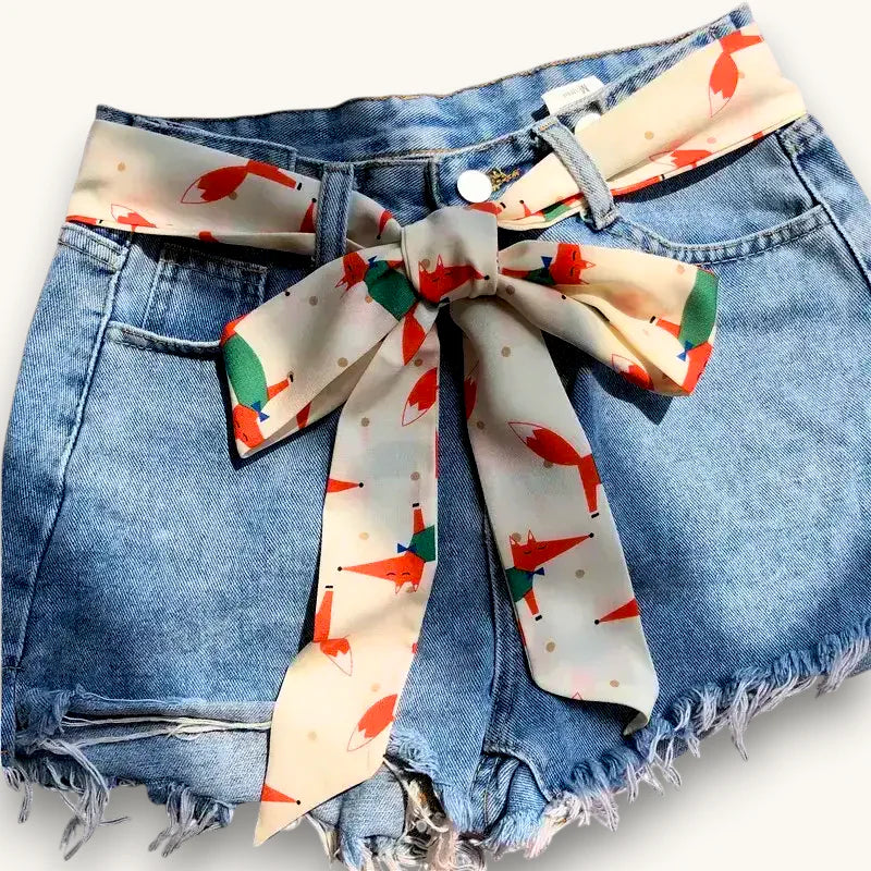Scarf Belt Pattern fox ribbon bow at waist of denim shorts