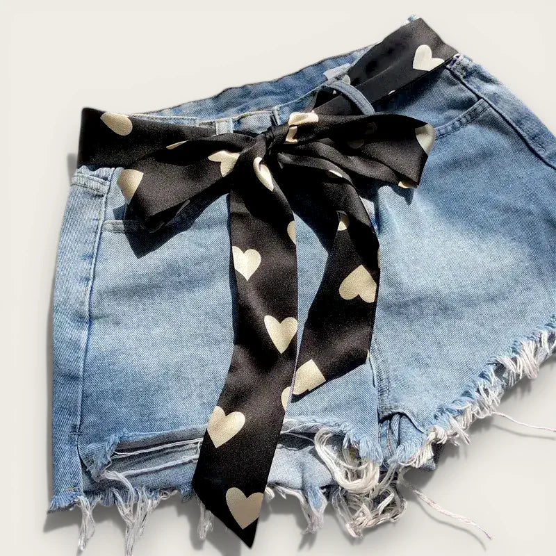 Black satin ribbon bow belt with cream hearts on Scarf Belt Shorts