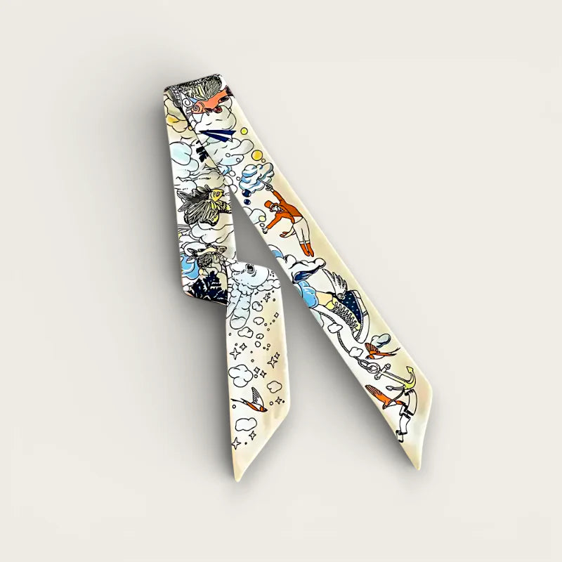 Cream silk Scarf For Bag with cartoon sea creatures pattern