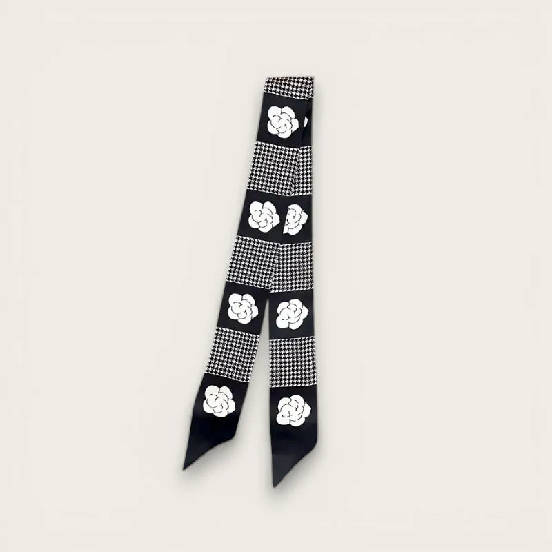 Black silk Scarf For Bag Strap with white camellias and houndstooth pattern