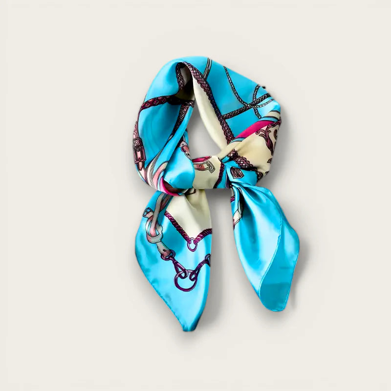 Vibrant turquoise silk Scarf For Evening Scarf with equestrian print