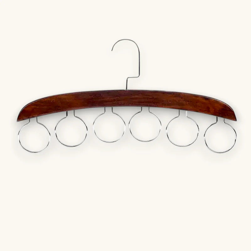 Brown wooden scarf hanger with six silver metal rings for closet