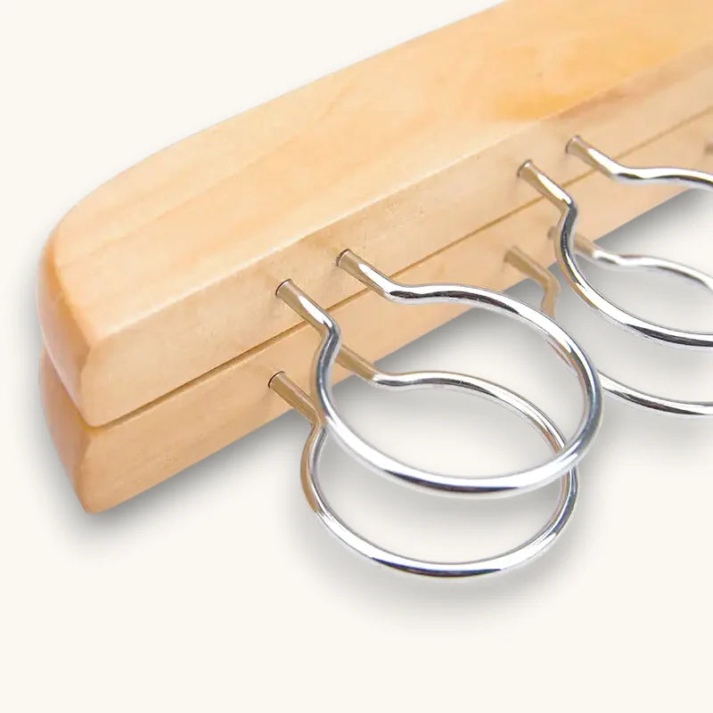 Light wooden scarf hanger with 3 shiny chrome hooks for closet
