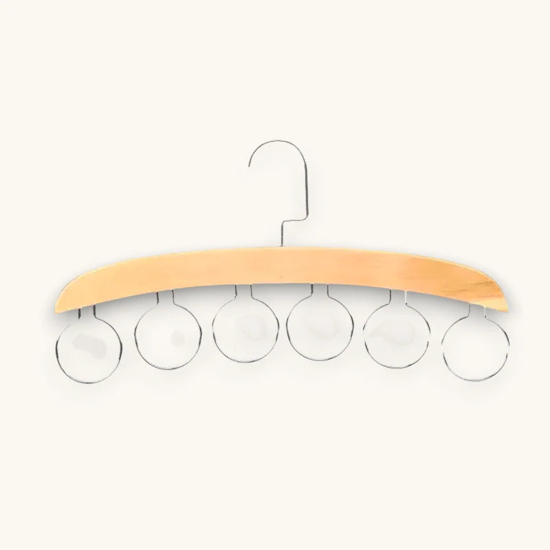 Light wood scarf hanger with six silver circular hooks for closet