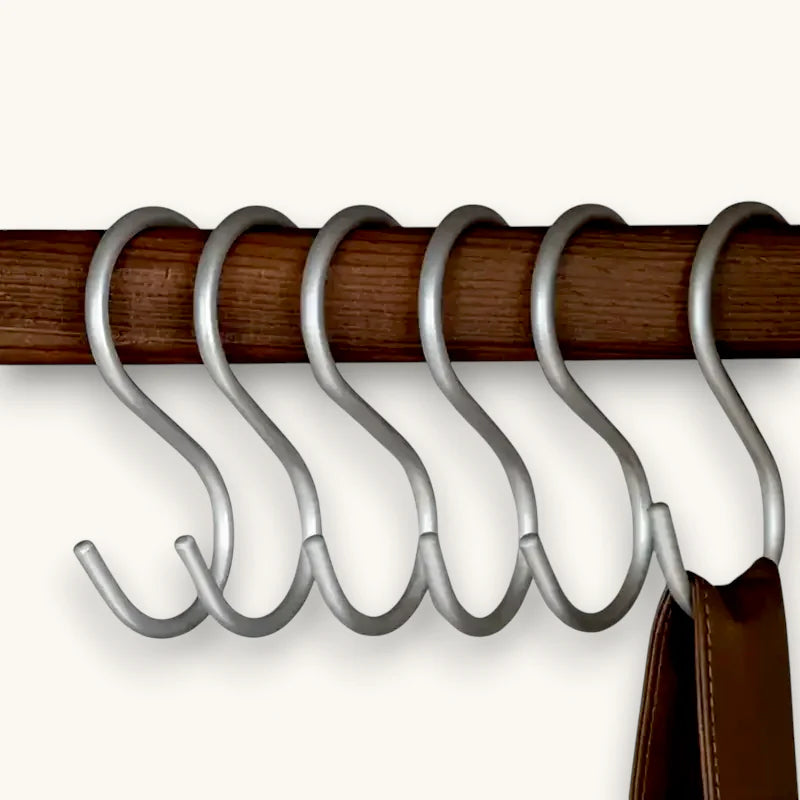 Six sleek silver-toned metal s-hooks on wooden rod for Scarf Hanger Hook