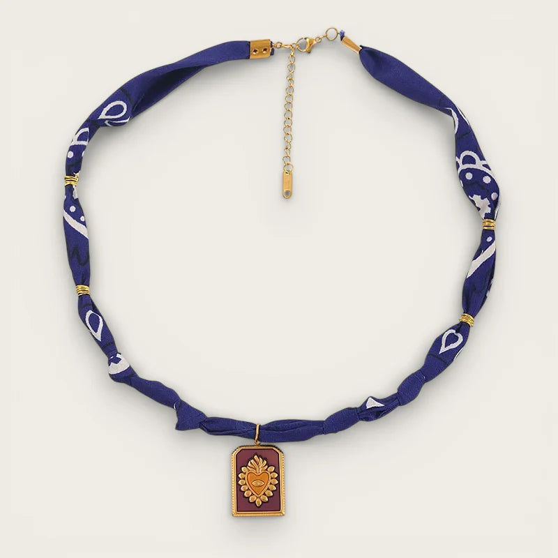 Scarf necklace pendant: navy paisley choker with gold heart on maroon