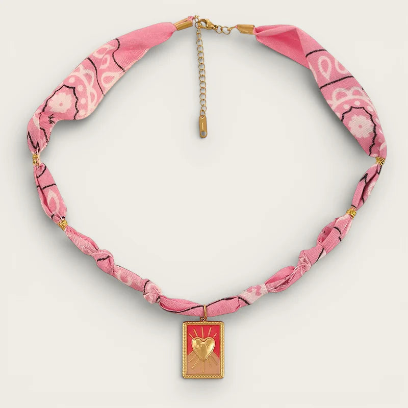 Pink bandana choker necklace with gold heart pendant, Scarf Necklace Pendant