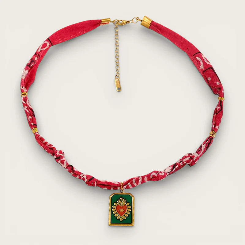 Vibrant red bandana choker Scarf Necklace Pendant with green sacred heart enamel