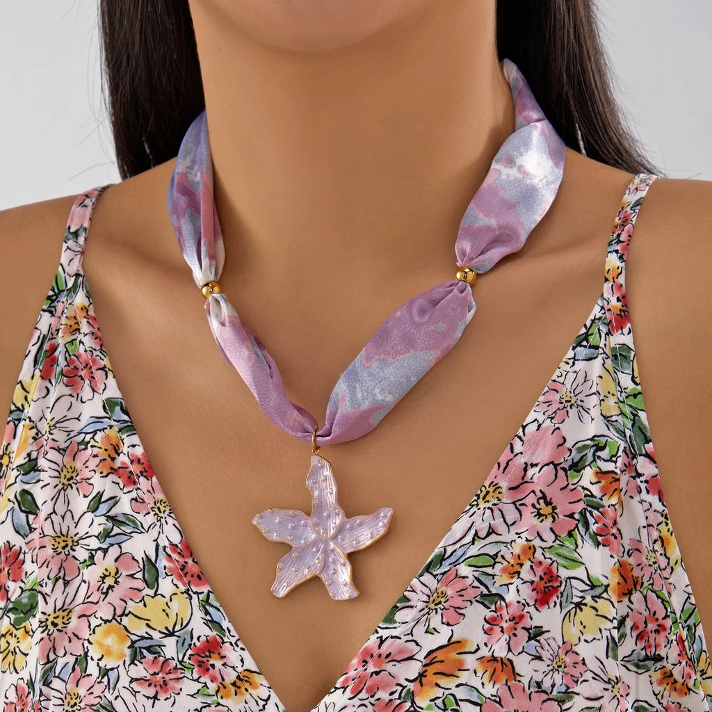 Delicate lavender silver tie-dye silk scarf necklace with starfish charm