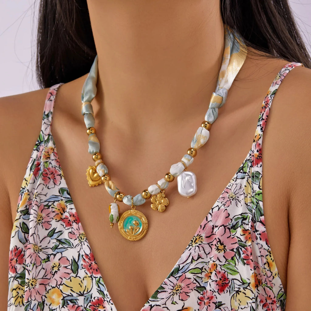 Scarf necklace with charm: light blue gold beads, pearls, turquoise pendant