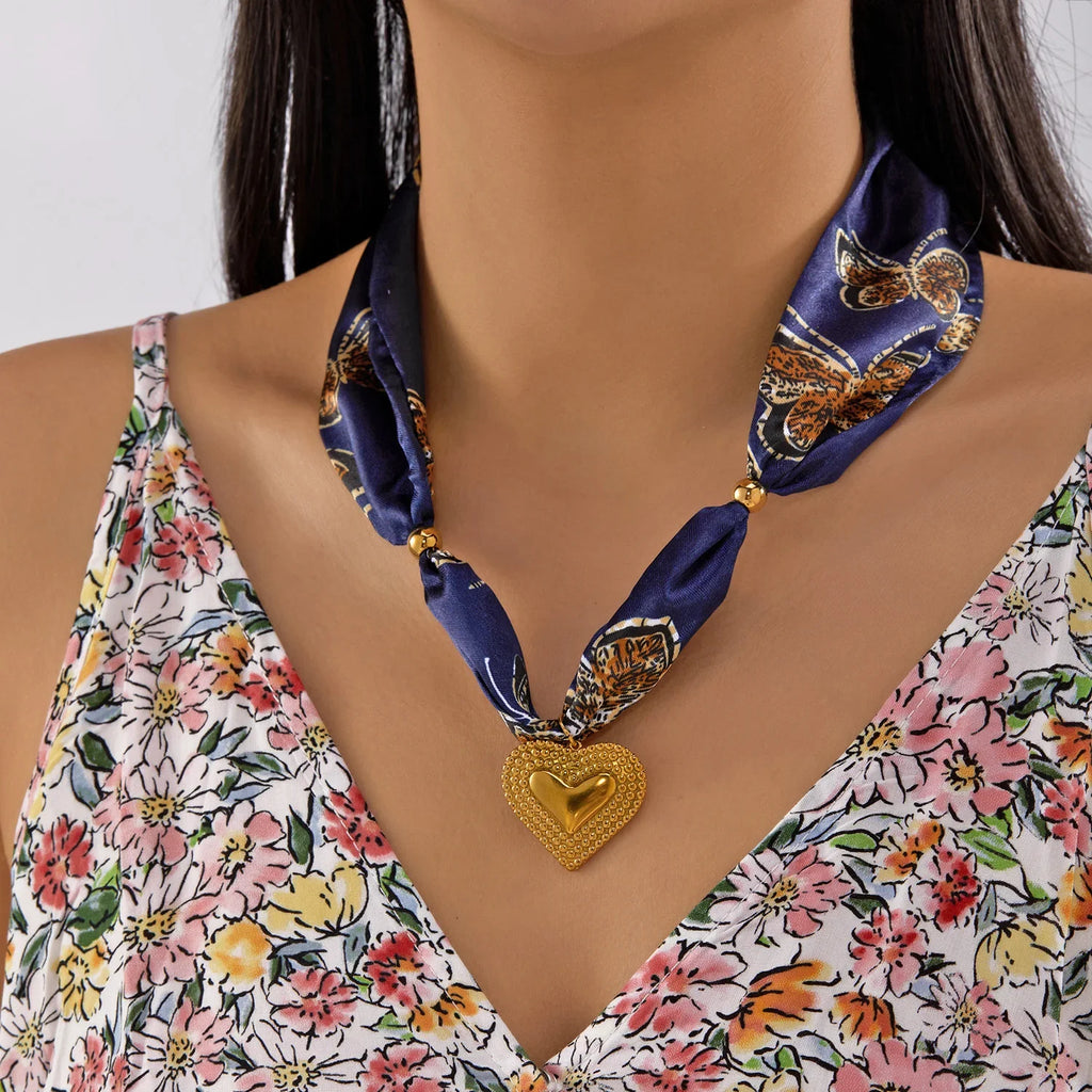 Navy blue silk Scarf Necklace With Charm, gold butterflies, golden heart pendant
