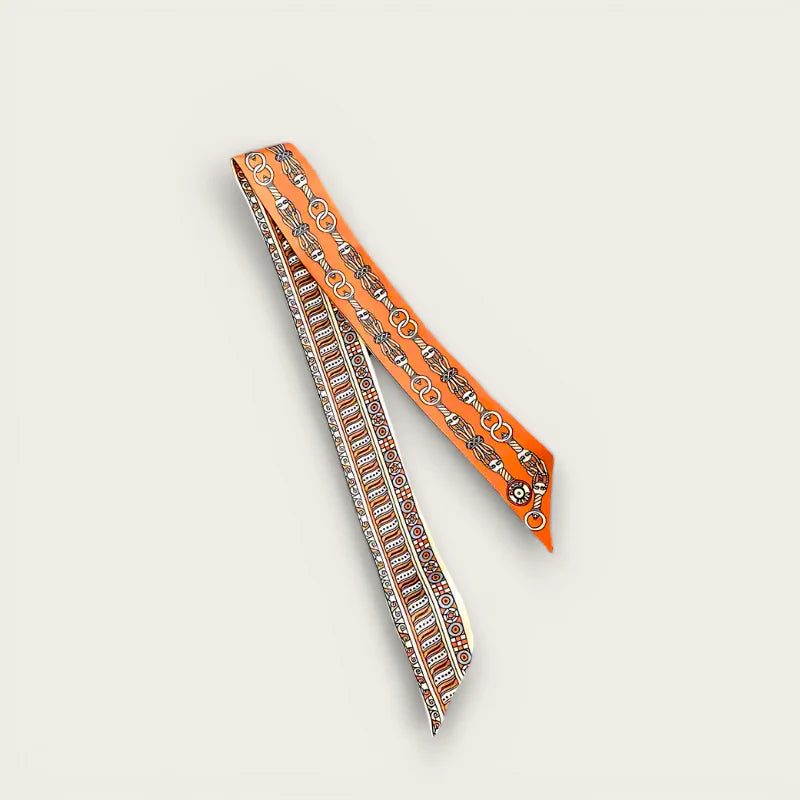Orange silk Scarf Purse Handle with beige brown chain-link pattern