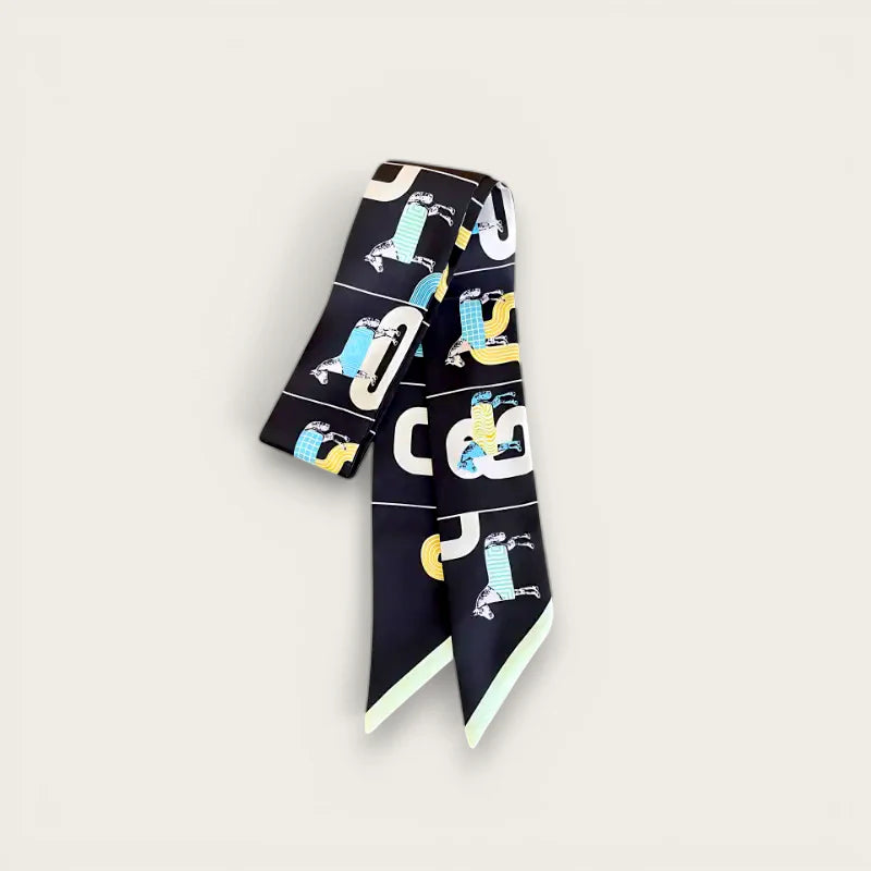 Scarf Purse Pattern black silk scarf with playful light blue yellow figures