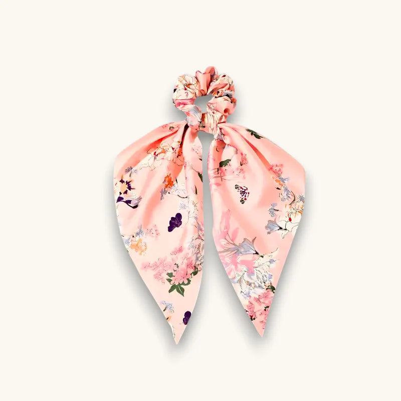 Scarf scrunchie pattern: delicate pink floral fabric with flowing bow