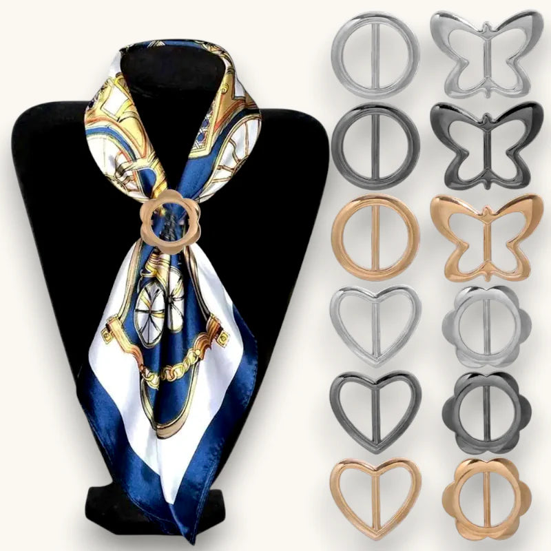 Elegant blue and gold silk scarf with wooden ring clasp Scarf Slide