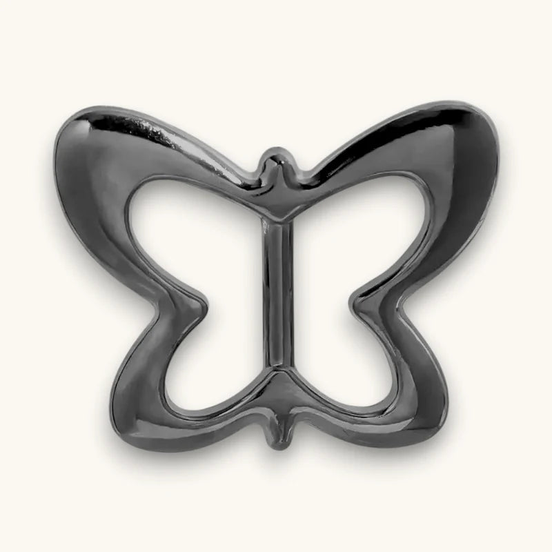 Sleek black butterfly scarf slide with glossy curved wings
