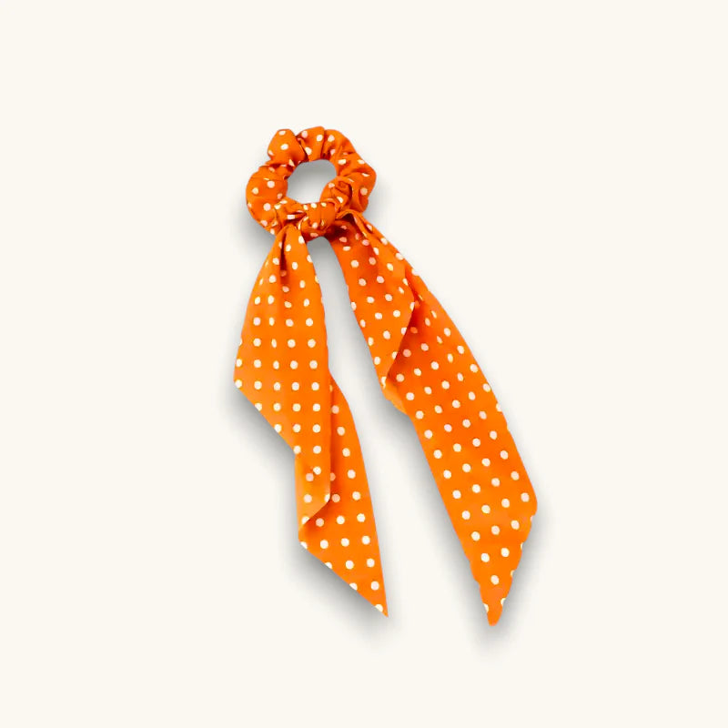 Orange polka dot Scrunchie Bow scrunchie with flowing ribbon tail