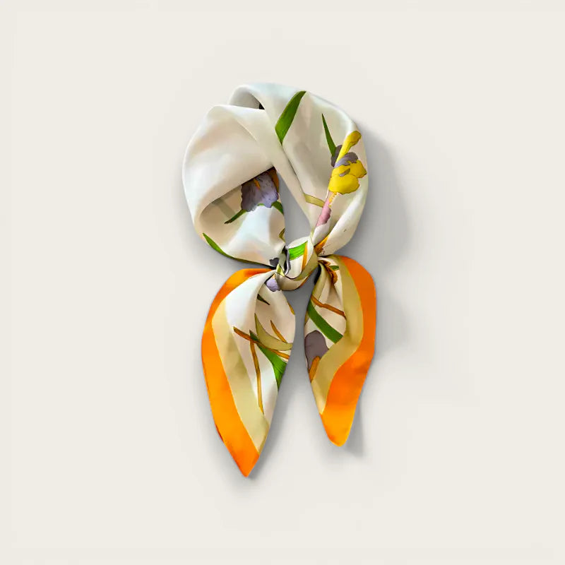 Short Hair Wrap: delicate white silk scarf with vibrant floral pattern