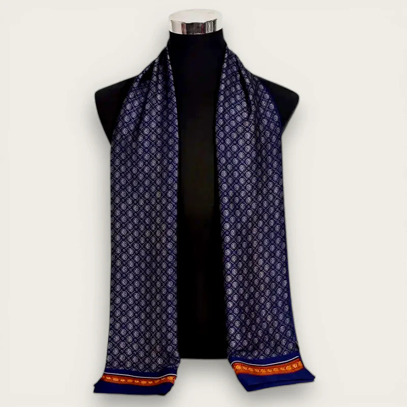 Navy blue silk and wool mens scarf with geometric pattern and orange edges