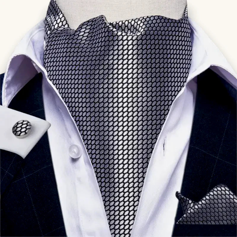 Silk Ascot: black mesh cravat with sheen, matching pocket square, cufflinks