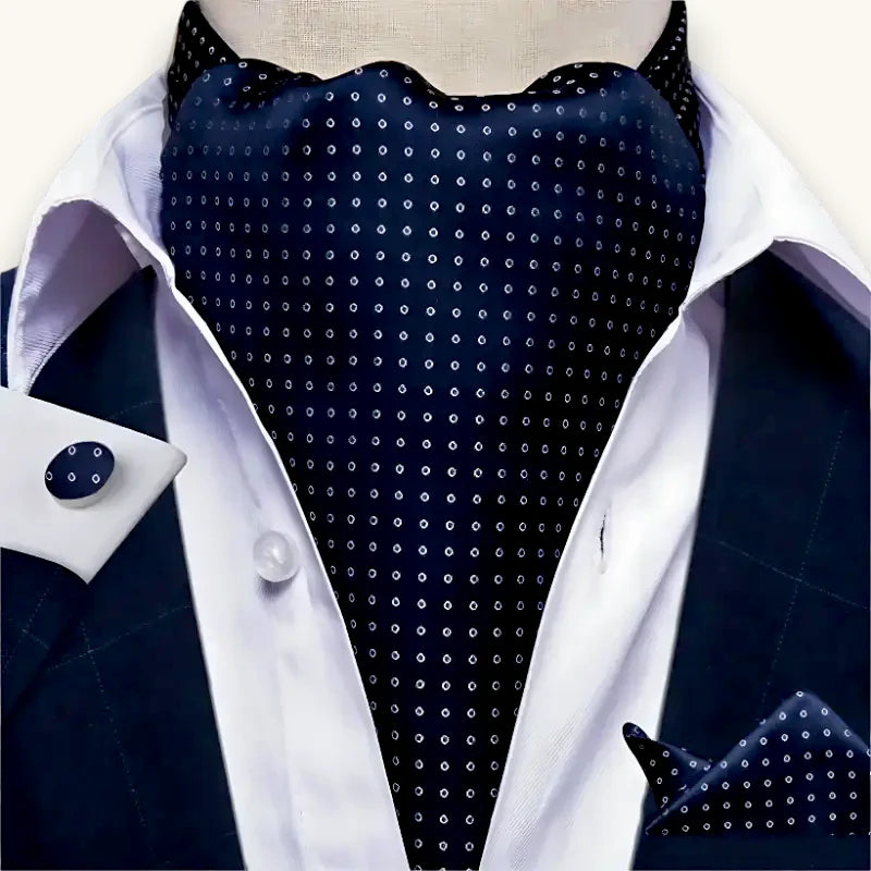 Navy blue silk ascot cravat with white polka dots
