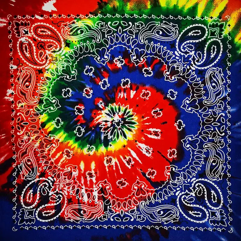 Vibrant red green blue tie-dye silk bandana scarf with white paisley