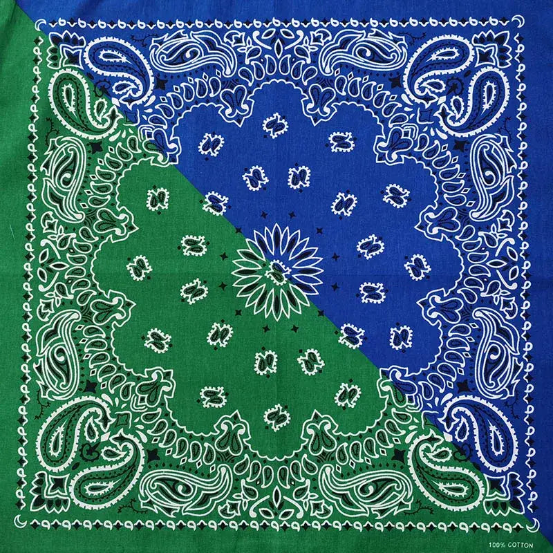 Silk bandana scarf with vibrant blue-green paisley and floral design