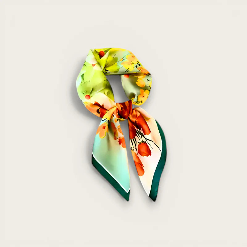 Silk Flower Scarf with vibrant green-to-orange gradient floral pattern