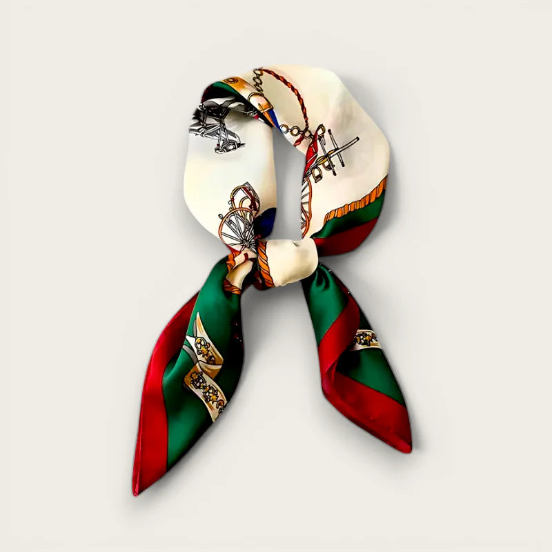 Silk hair scarf in cream silk with nautical print and red green edge stripes