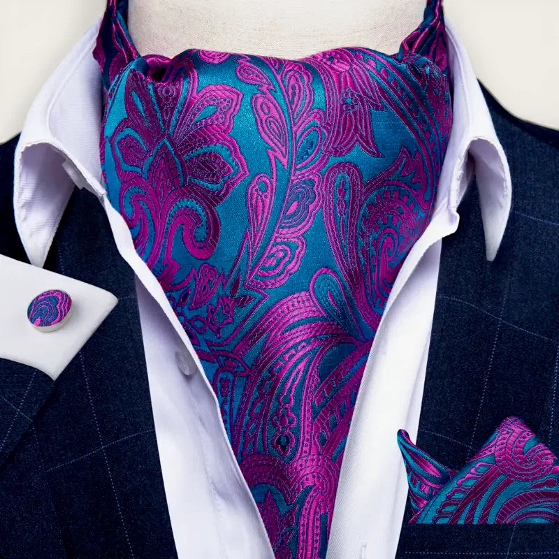 Vibrant teal magenta paisley silk mens wedding ascot cravat set
