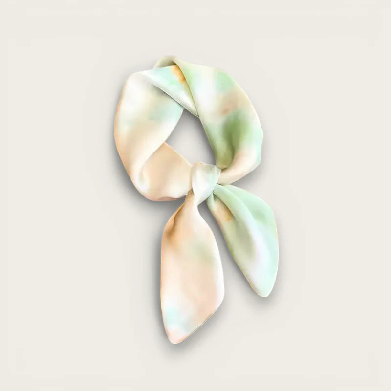 Silk neck scarf for women in soft pastel green peach tie-dye with knot