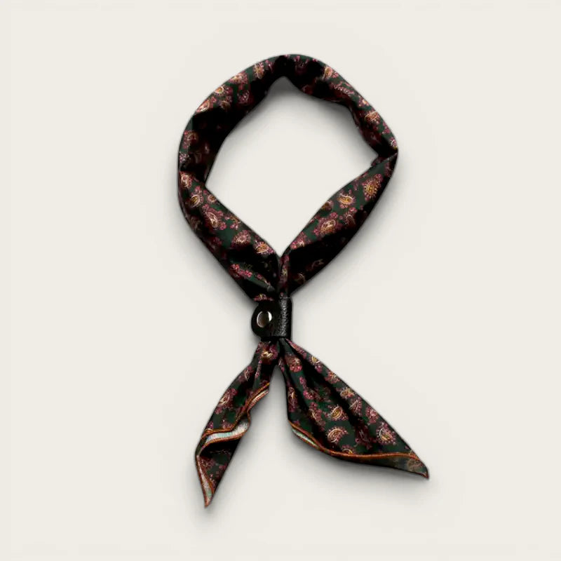 Dark green silk neckerchief with burgundy gold paisley pattern, knotted