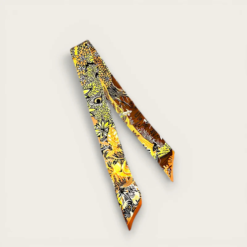 Vibrant yellow brown silk ribbon scarf with detailed black outline botanical print