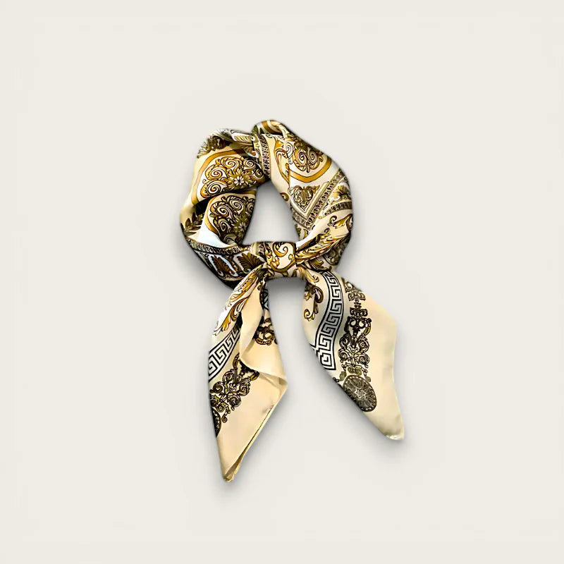 Cream silk satin scarf with gold black baroque pattern in knot