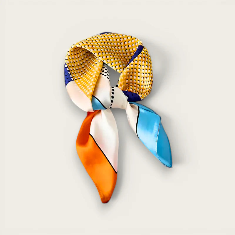 Vibrant geometric silk scarf fabric in yellow blue orange white