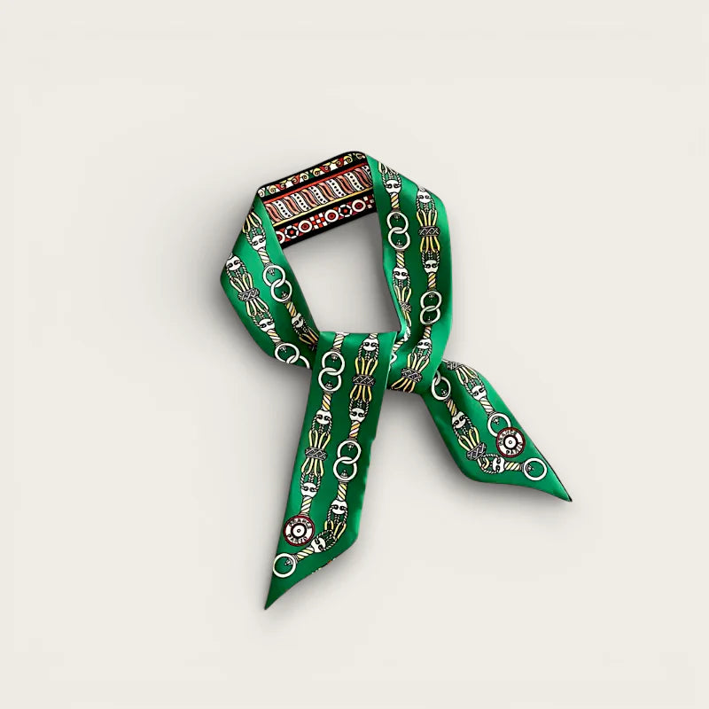 Emerald green silk scarf for bag handle with gold white skull chain pattern