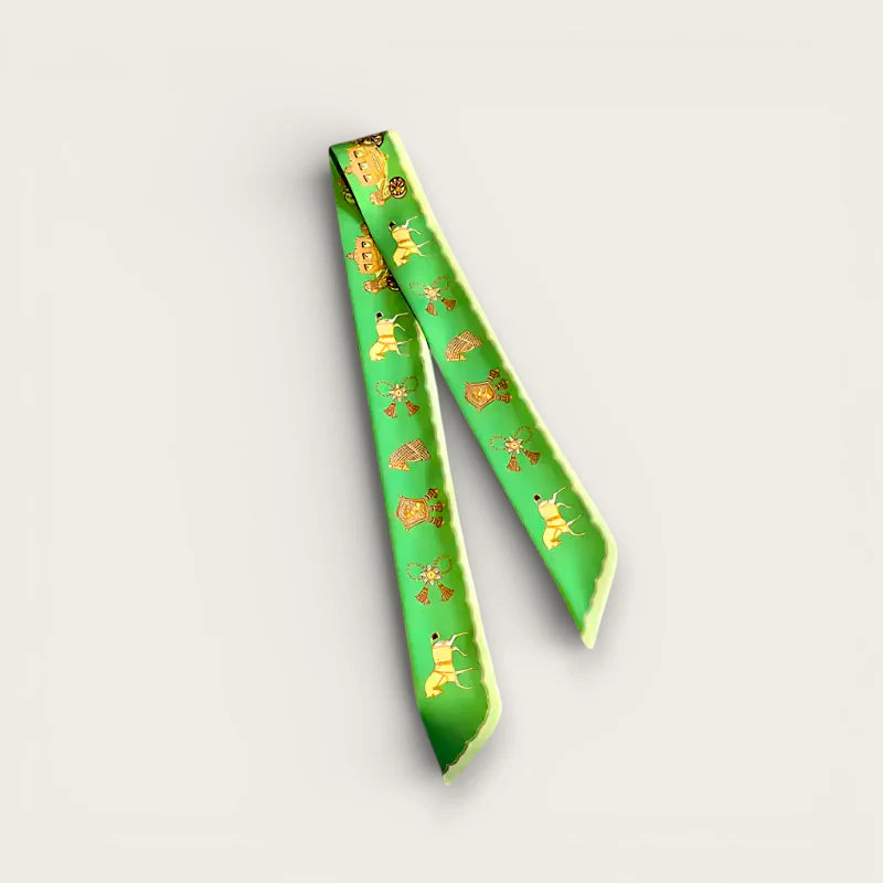 Vibrant green Silk Scarf For Purse with golden stylized figures