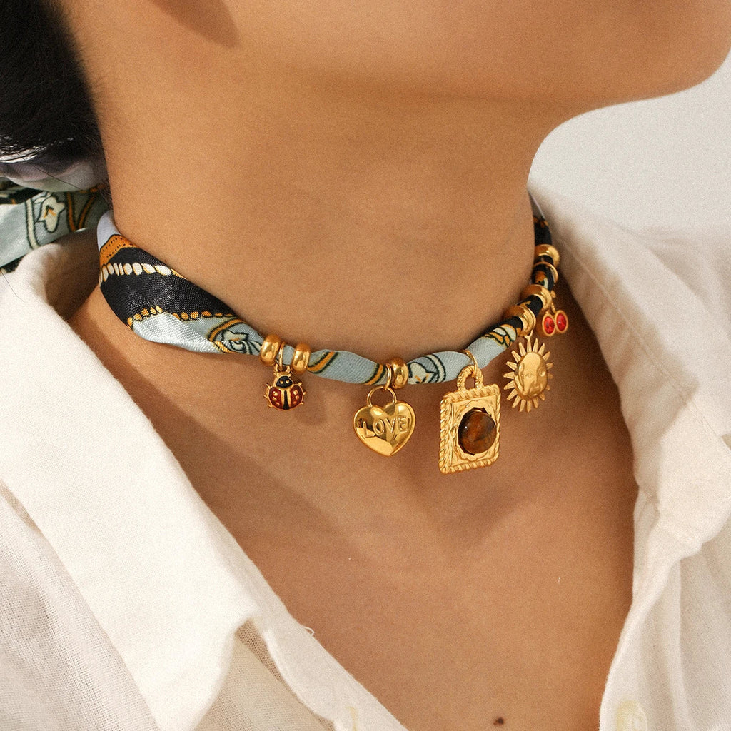Silk Scarf Necklace with gold choker, ladybug, heart love pendant, sunburst charms