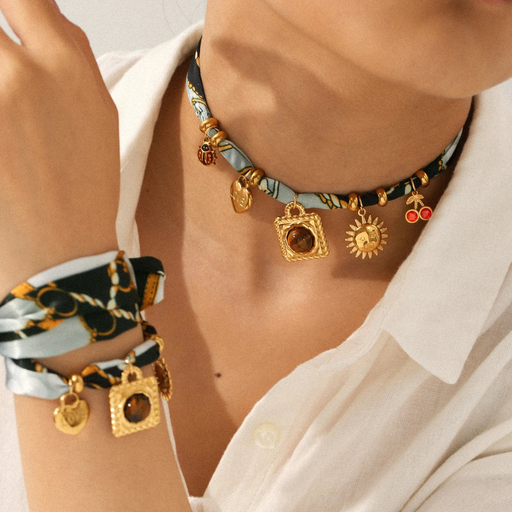 Gold-toned Silk Scarf Necklace choker with amber, sun, cherry, ladybug charms