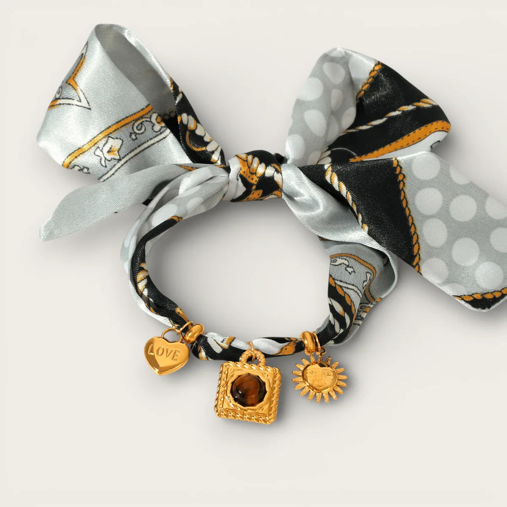 Silk scarf necklace with silver black pattern, gold love heart, amber locket, sunburst charms