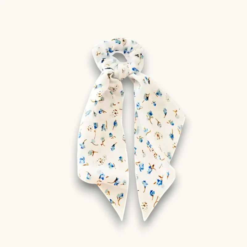 Delicate white Silk Scarf Scrunchie with subtle blue brown floral pattern