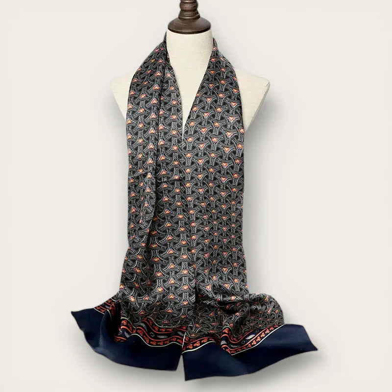 Elegant black silk scarf with rose gold geometric pattern for mens suits