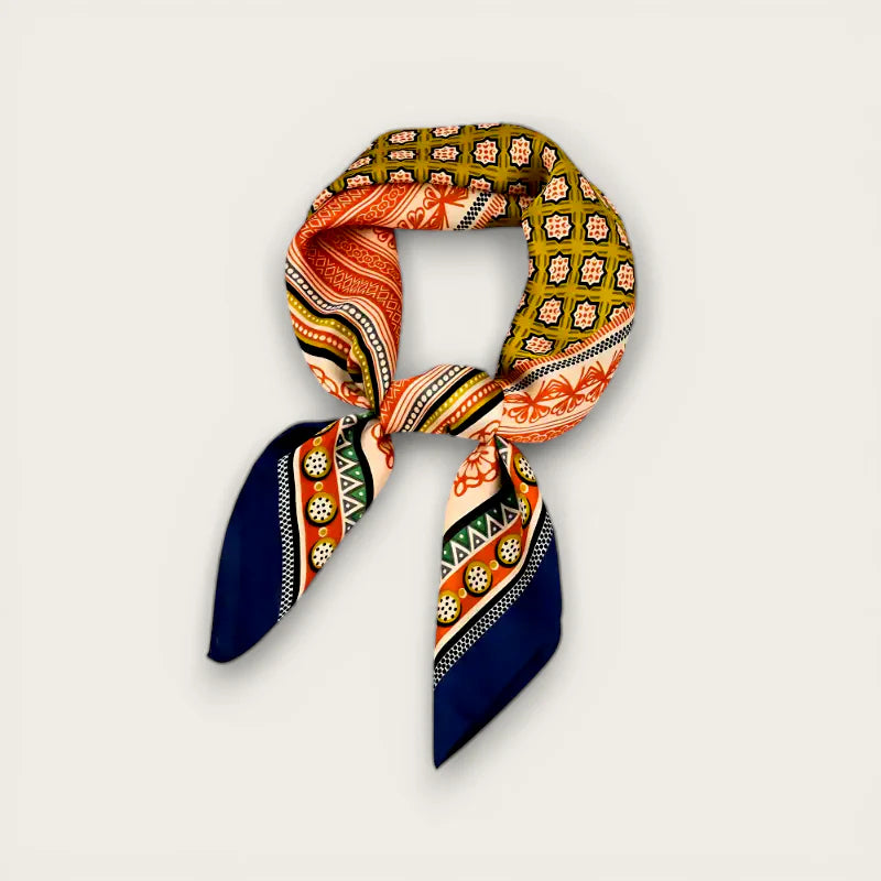 Vibrant silk square hair scarf in orange, mustard, navy, cream knot